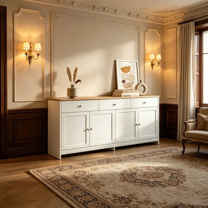 Credenza Fangange da 160 cm, mobile contenitore bianco con piano in legno di quercia, 3 cassetti e 4 ante, ripiani regolabili, ideale per soggiorno, sala da pranzo e cucina.