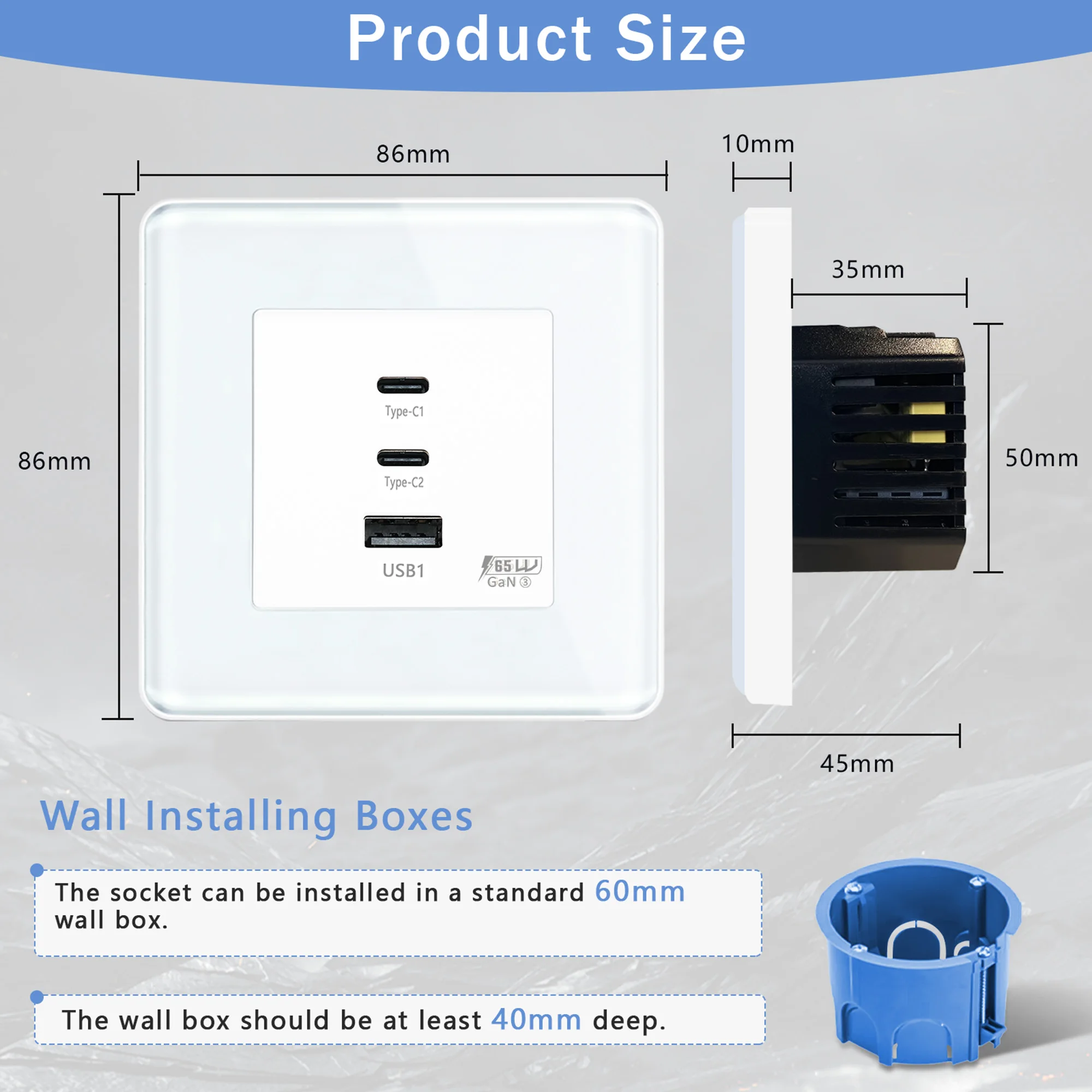 TAWOIA EU 2.5D Glass Frame Wall Power Socket With Dual Type-C USB 65W Fast Ports For Phone Laptop Charging