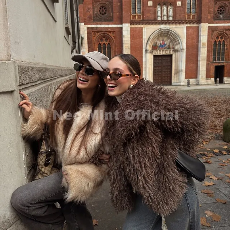 Neo Mint 2025 Winter Lulicore Fashion Brown Faux Fur Coat Women Chic Autumn Warm Fluffy Sheep Fur Jacket Big Fur Collar Overcoat