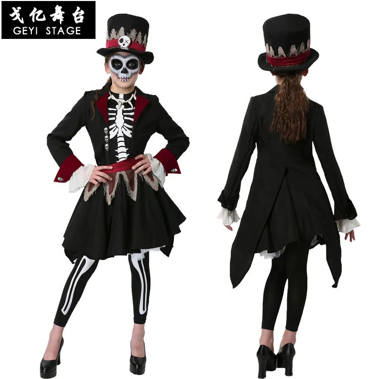 

Halloween Purim Party Costume Girl Kids Scary Monster Demon Skull Skeleton Humanoid Costumes Voodoo Skull Dress Up for Girl