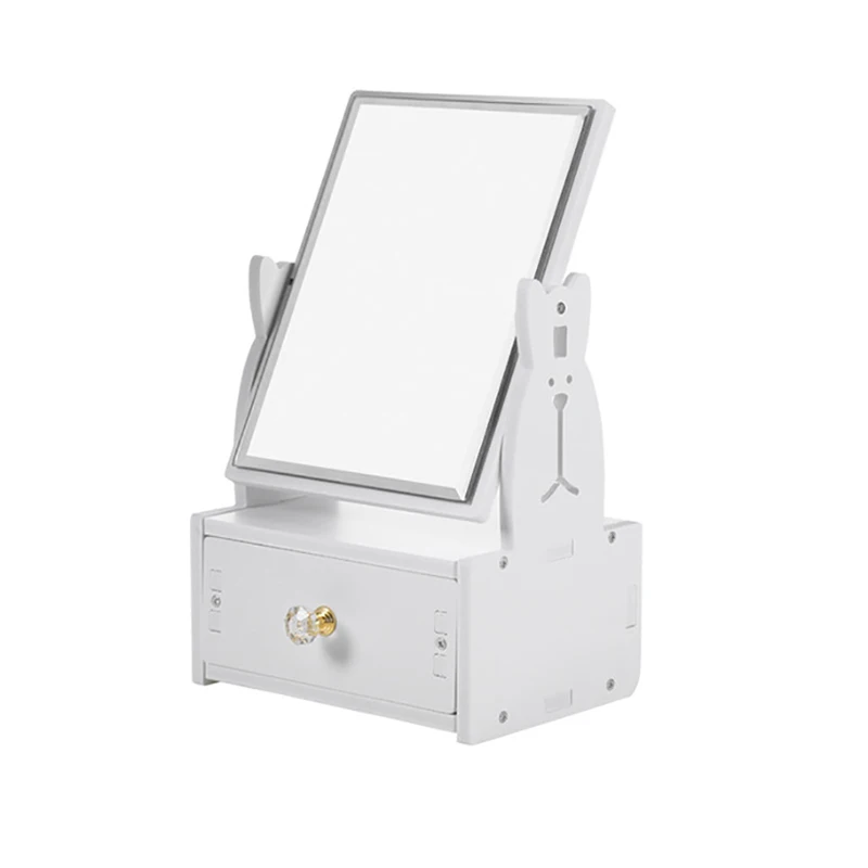 Espelho giratório da composição do coelho com gaveta, Desktop Cosmetic Storage Box, cremalheira multifuncional, único espelho lateral, organizador bonito