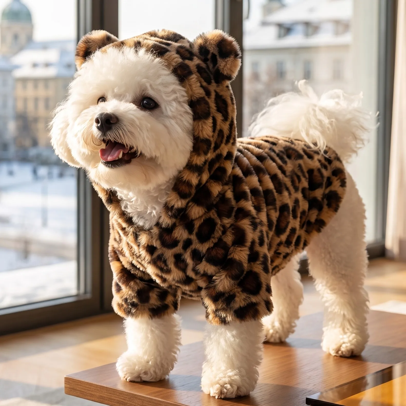 Hundejacke, Retro-Leopardenmuster, Kunstfell-Teddybär-Ohren, Kapuzenjacke mit Reißverschluss, dicke, flauschige, warme Haustierjacke – Detail 4