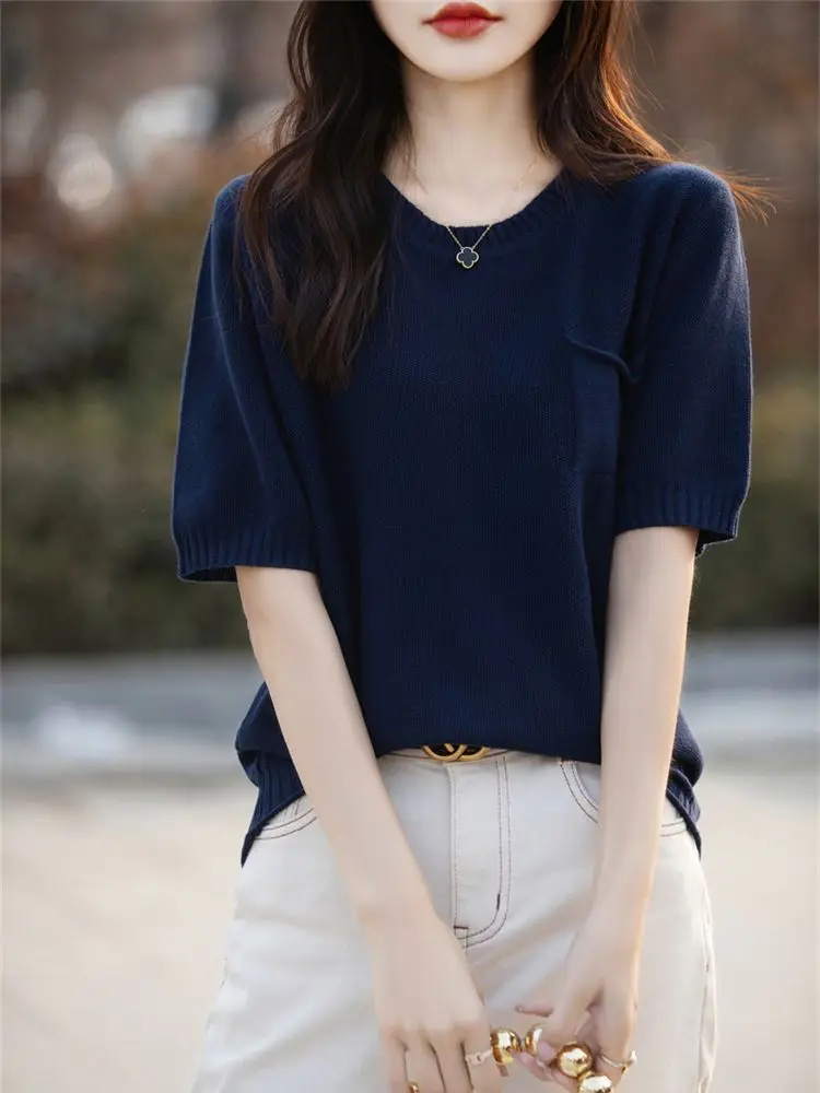 فضفاض التخسيس جولة Ne الحرير الجليد ort Sve تي شيرت المرأة الصيف رقيقة كيت تصميم محبوك أعلى الكورية Sle لباس غير رسمي