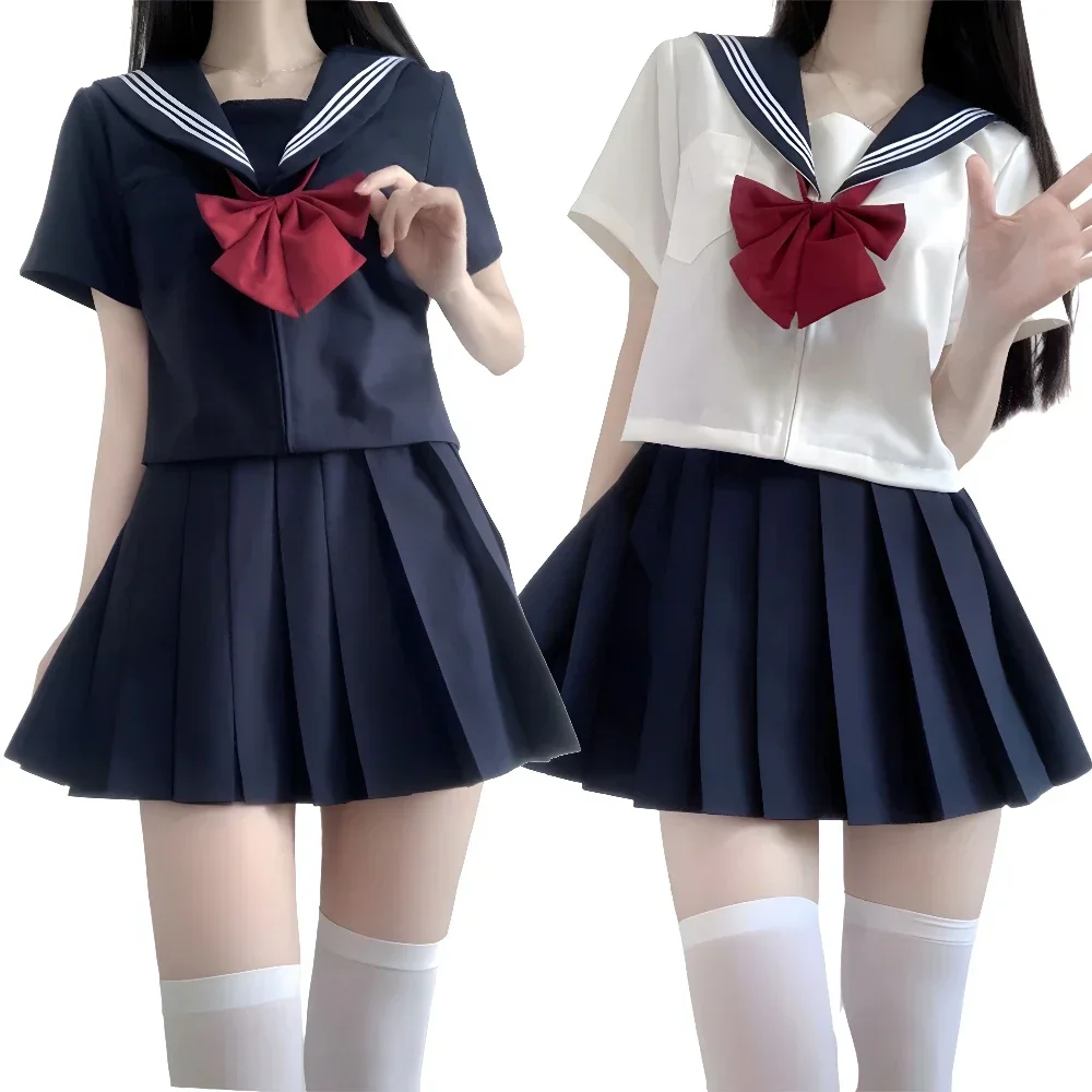 Japanese School Uniform Girl JK Suit Sexy White and Navy Top Red Tie White Three Basic Sailor Uniform Set Pleated Skirt Women