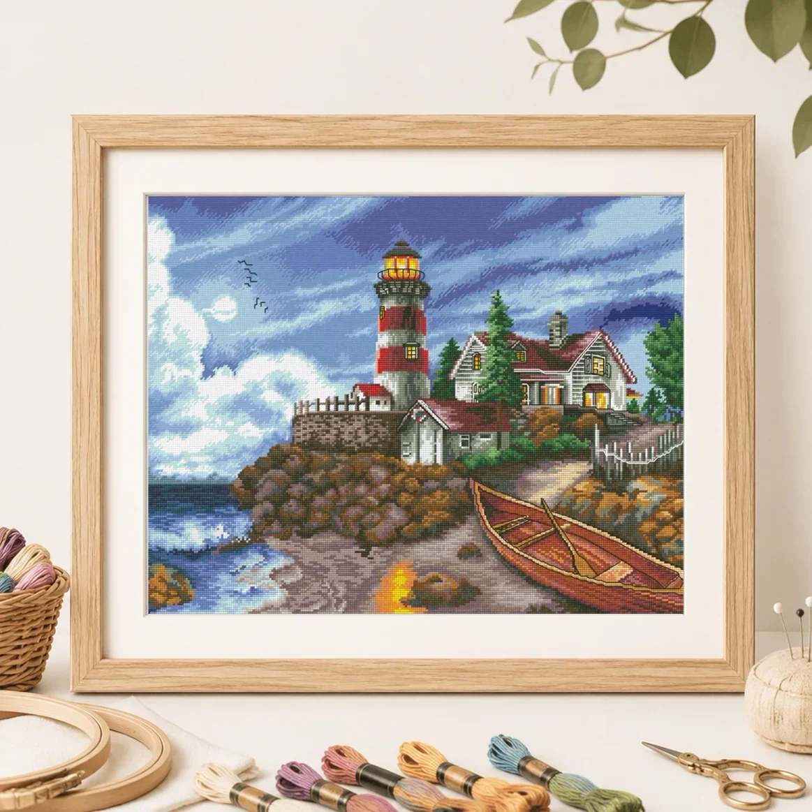 [CC5897-Coast Lighthouse]Stamped Cross Stitch Kit for Adults and Kids, Easy Pre-Printed Canvas with Cotton Threads and Needles,