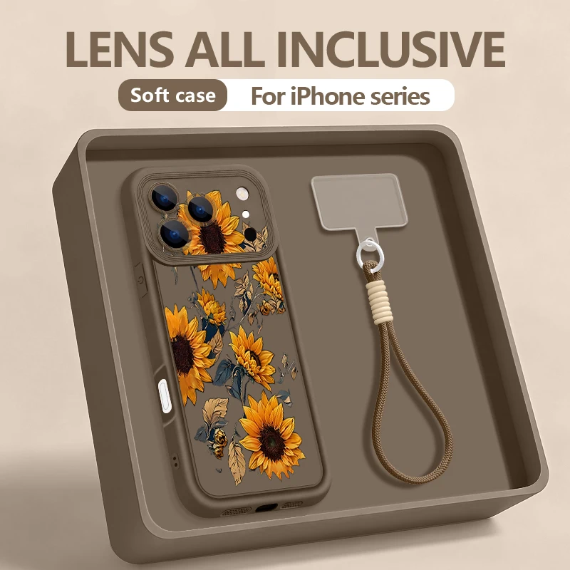 Чехол для телефона с узором подсолнухов и ремешком для iPhone 17 Pro Max, Air 16E, 16, 14, 15 Pro, 12, 13 Pro Max, 11 – Мягкий чехол из ТПУ с ремешком на запястье