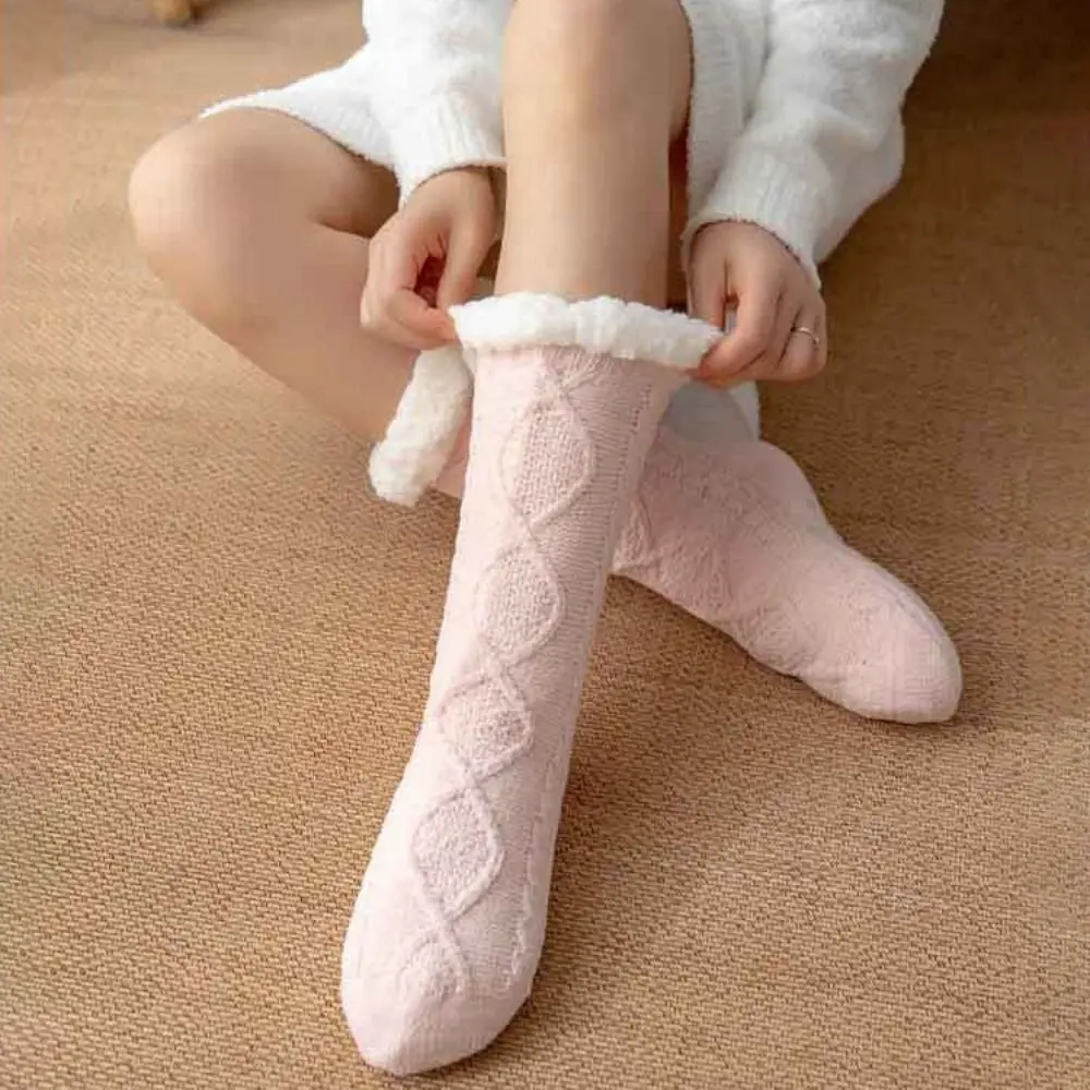Ladies Warm Thickened Thermal Cashmere Socks Woven Solid Color Sleep Socks Velvet Warm Boots Socks Indoor Activities