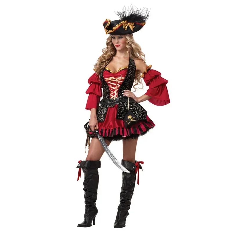 Female Adult Sexy Caribbean Pirates Captain Cosplay Costume Halloween Carnival Role PlayWomen Pirate Fancy Medoeval Gothic Dress