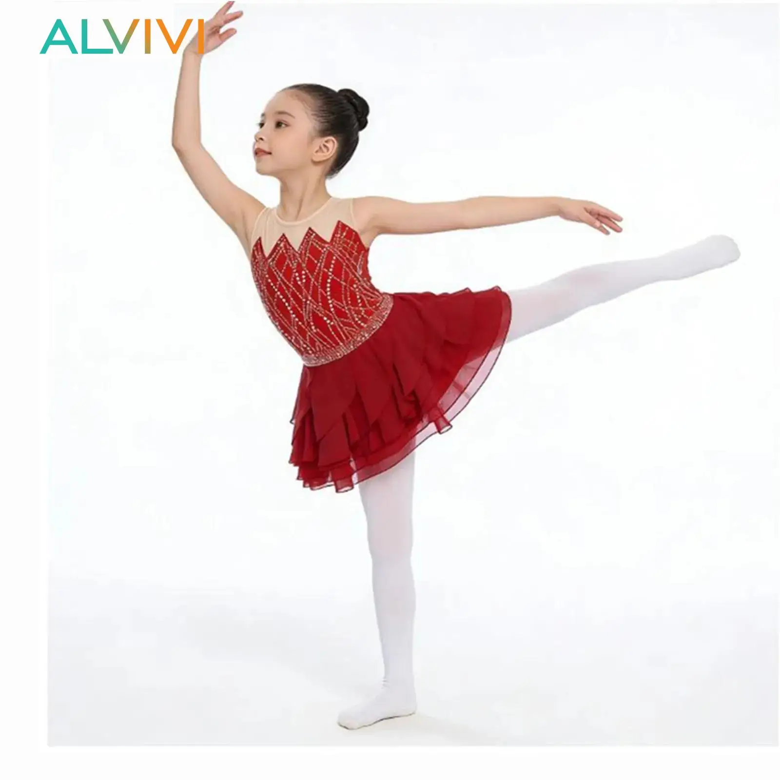 أطفال بنات لامعة الراين الجمباز الشكل التزلج الباليه ملابس رقص غنائية جولة الرقبة المتدرج تكدرت فستان Dancewear