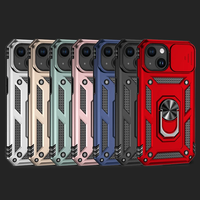 

Sliding Window Case For iPhone 15 Shockproof Armor Ring Metal Brackets Cover For iPhone 15 14 13 12 11 XS Pro Max 6 7 8 Plus