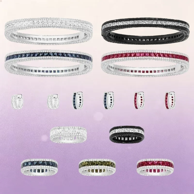 ZPPFF S925 Sterling Silver Black White Blue Red Green Square Circle Ring Earrings Bracelet Women's Couple Fashion Luxury Jewelry