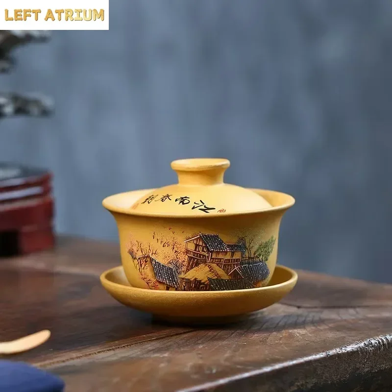 Yixing Hand-Painted Boccaro Cup, Segment Mud Tea Drinking Cup, Jiangnan Spring Kung Fu Tea Set, Handmade Gaiwan Retro, Landscape