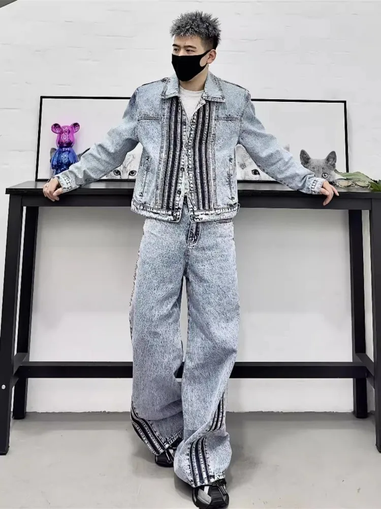 High Street Men Striped Loose Fit Denim Jacket Wide Leg Pants Two Piece Set New Fashion Outfits Cowboy Coat Jeans Matching Set