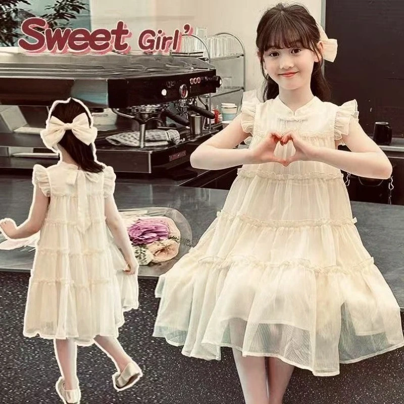 Girls Sleeveless Princess Dresses Baby Print Mesh Sweet Dresses Kids Party Evening Tutu Gown Ball Childrens Clothes 4-12 Years