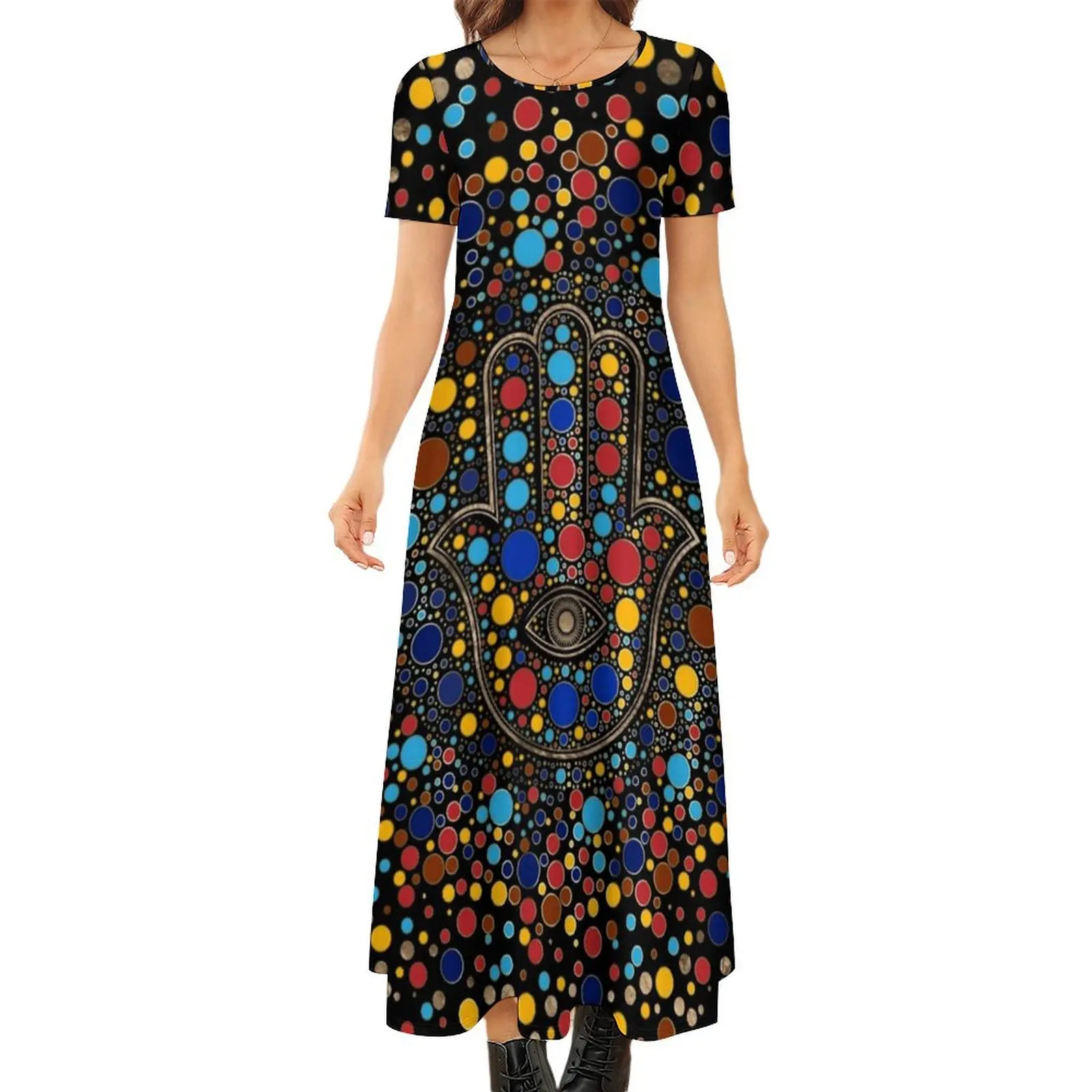 Hamsa Hand Print Dress Colorful Dot Art Kawaii Maxi Dress Womens Short Sleeve Fashion Boho Beach Long Dresses Big Size 6XL 7XL