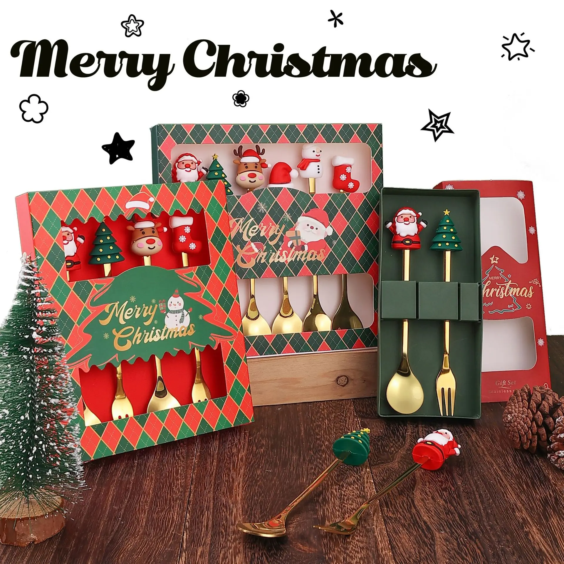 Set di 2/4/6 pezzi di forchetta e cucchiaio di natale, stoviglie Creative in acciaio inossidabile, Set regalo di forchette e cucchiai da Dessert per