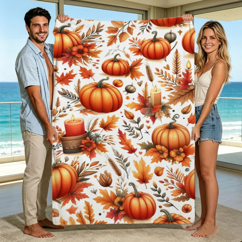 Harvest Pumpkin Maple Leaf Candle Fall Throw Blanket Patio Blanket Sunroom Nook Living Room Lounge Bedroom Den Presents
