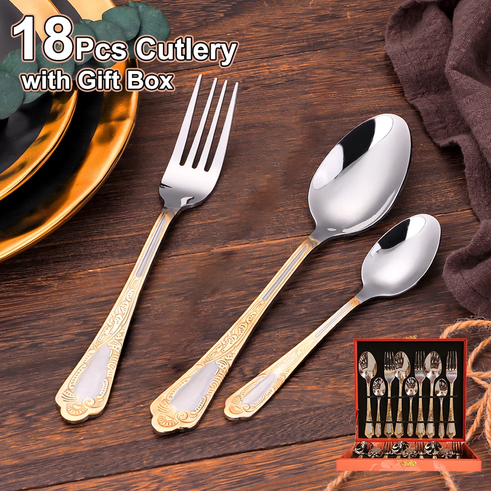 18Pcs Cutlery Set Stainless Steel Western Tableware Mirror Gold Plated Dinner Set Elegant Matte Handle Fork Spoon With Gift Box