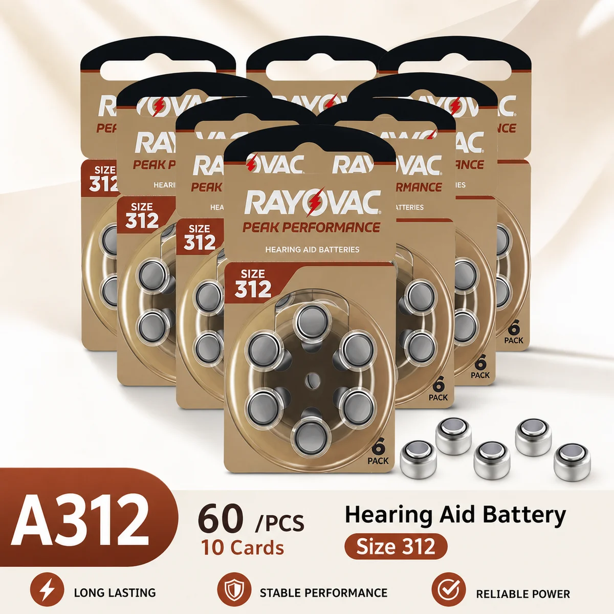 Zinc Air Hearing Aid Batteries 312 A312 312A ZA312 PR41 60Pcs Replacement Button Cells with Stable Power for Hearing Aids