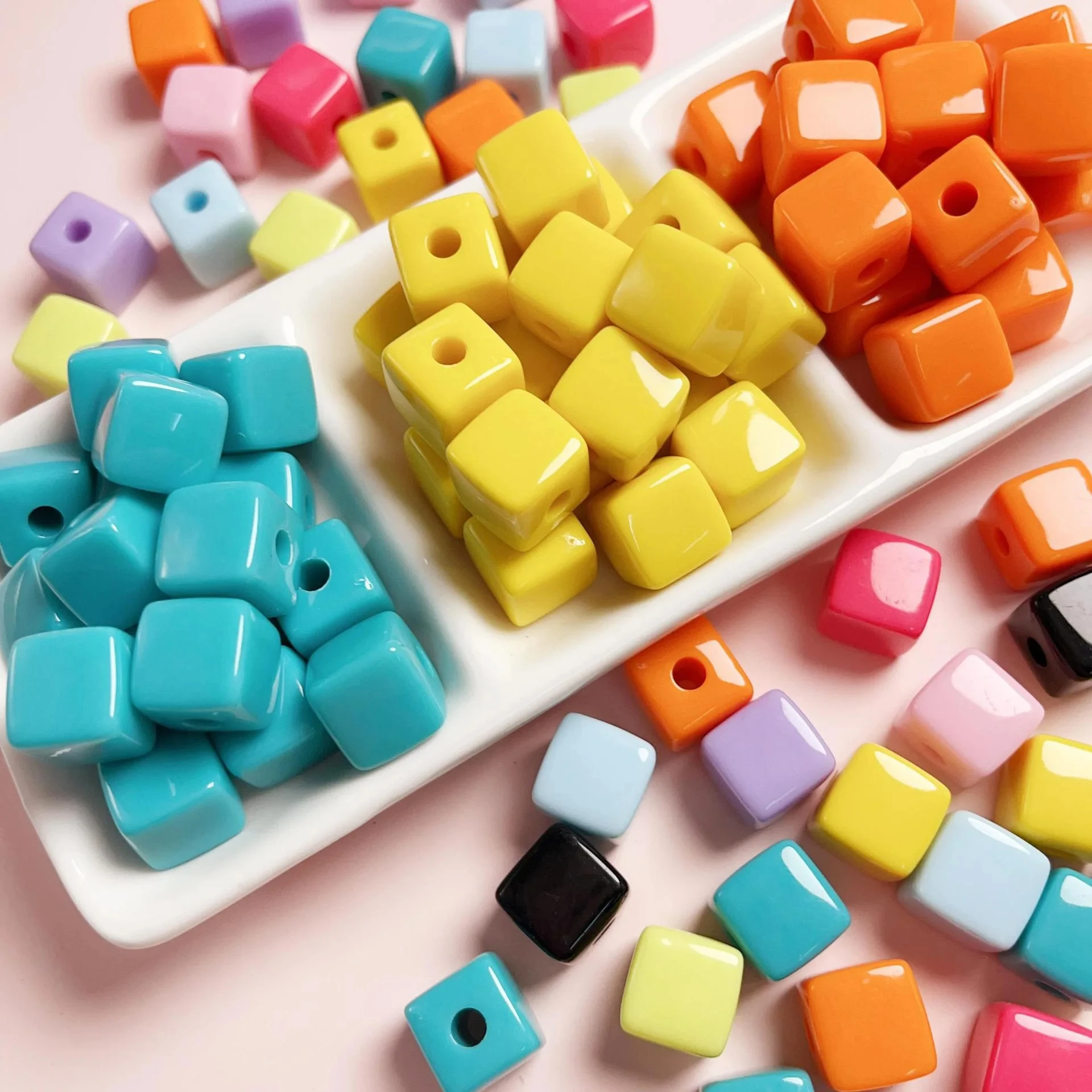 Q144 12mm Square Multi-color Enamel Large Hole Square Beads Straight Hole Scattered Beads DIY Mobile Phone Chain Key Chain Bead