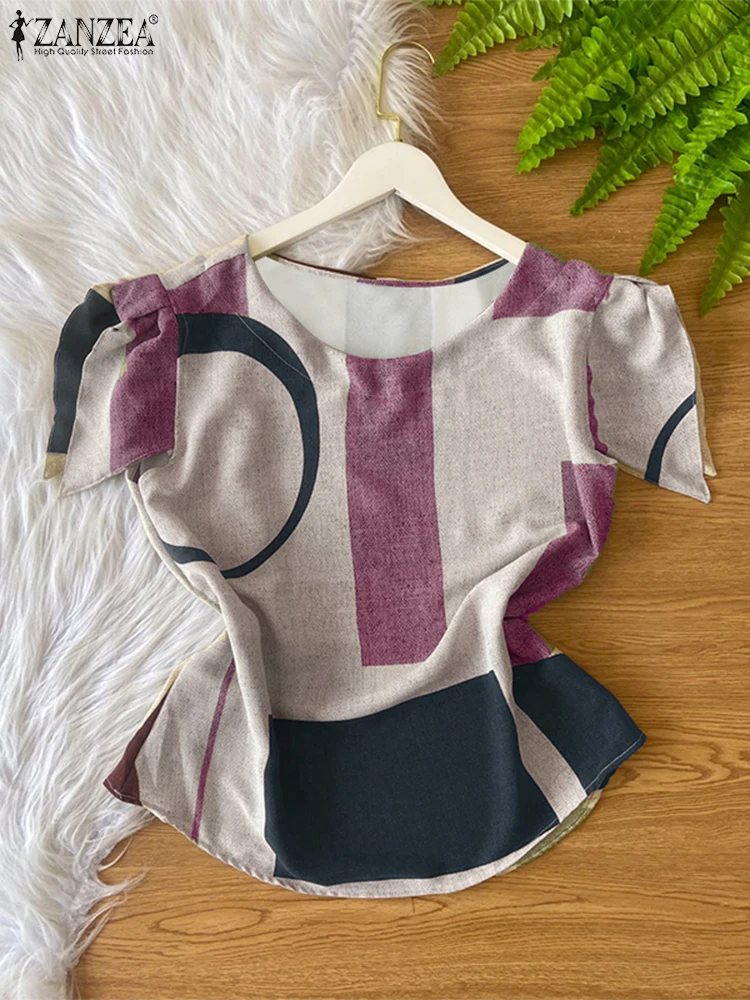 

2025 ZANZEA Fashion Women Print Blouses Vintage Geometric Pattern Shirts Summer Casual Loose Tops Tunic Short Sleeve Korean Tees