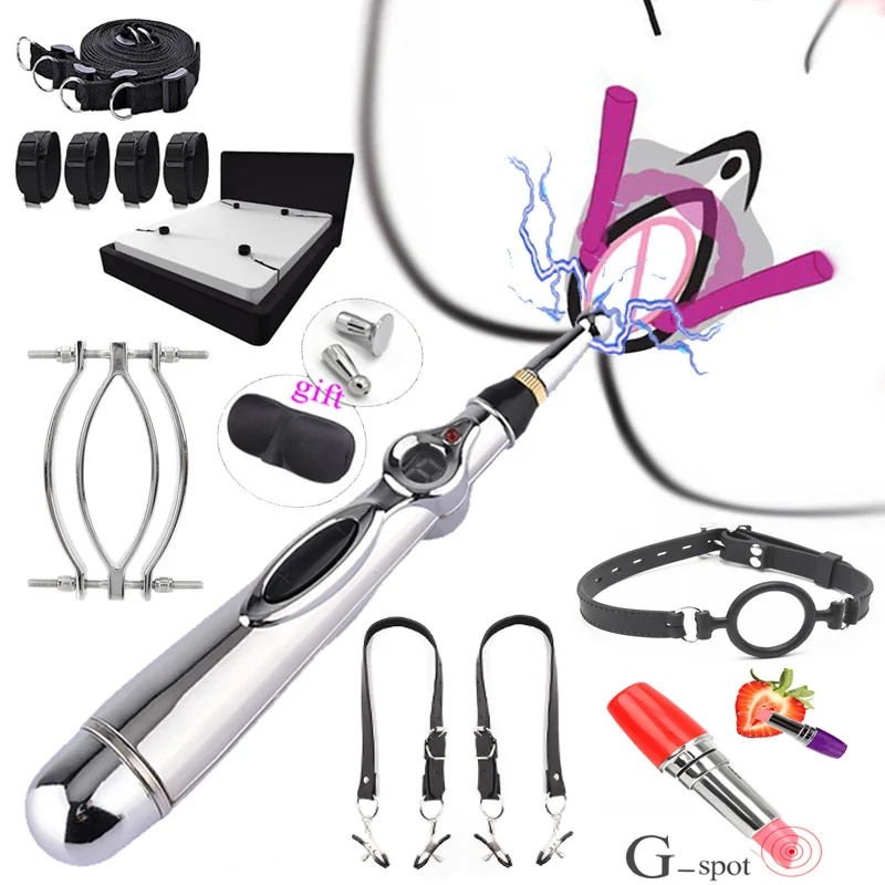 Sex Toys Kits Electric Shock Vagina Vibrator Labia Clip Clit Stimulator Bdsm Bondage Restraint Strap Nipple Clamp Mouth Gag SM