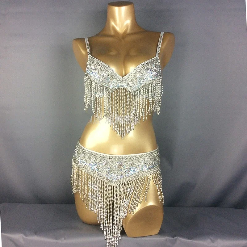 

Wholesale Belly Dance Costume 2pcs Set BRA BELT NECKLACE GOLD&SILVER White 4 COLORS 34D/DD,36D/DD,38/D/DD,40B/C/D,42D/DD