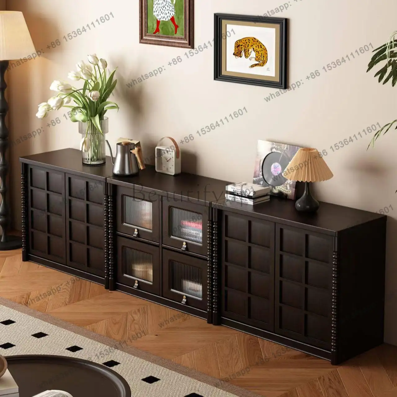 LS French solid wood TV cabinet coffee table living room antique module floor small apartment locker