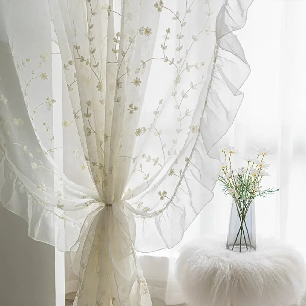 White Sheer Embroidered Flowers Tulle Curtains French Elegant Ruffle Design Linen Breathable Window Curtains for Living Rooms