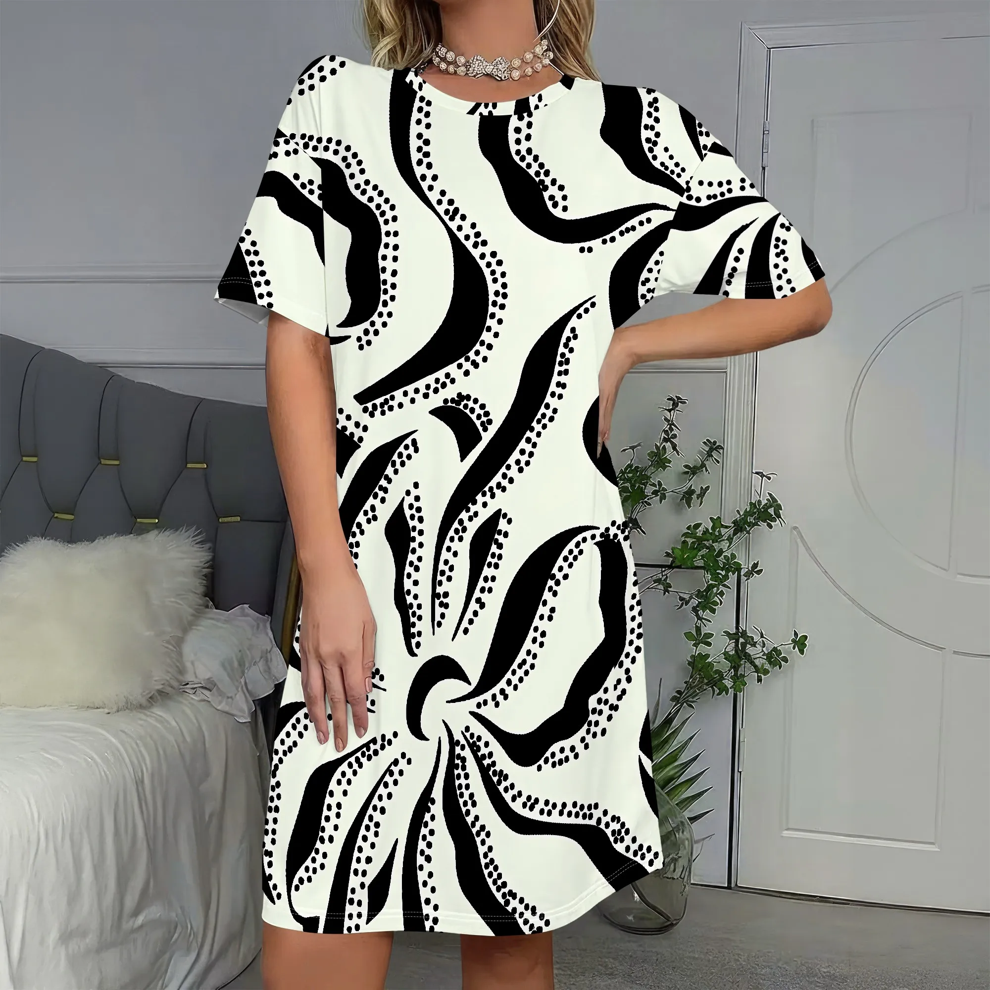 

Octopus Print, Short Sleeve Dress, Abstract Pattern, Black White Tunic, Casual Summer Wear for Women, S-2XL