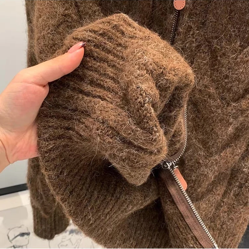 الرجعية بلون مزدوجة سستة بدوره إلى أسفل طوق سترة المرأة الخريف الشتاء جديد كسول نمط فضفاض سترة مشغولة من الصوف المرأة الجديدة