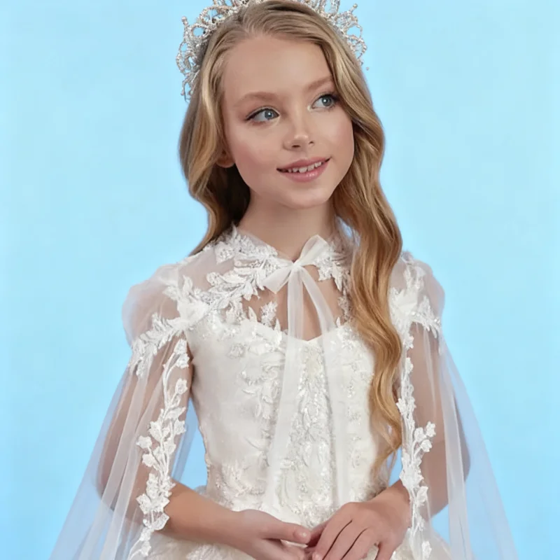 Fluffy Elegant Princess Dress Lace Tulle Flower Girl Dress Sleeveless with Shawl First Communion Birthday Wedding Dress