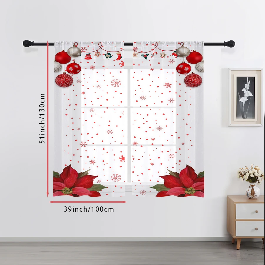 2PCS Sheer Curtains Christmas Red Ball Snowflake Poinsettia Print, Window Voile Panels for Bedroom Living Room Holiday Decor