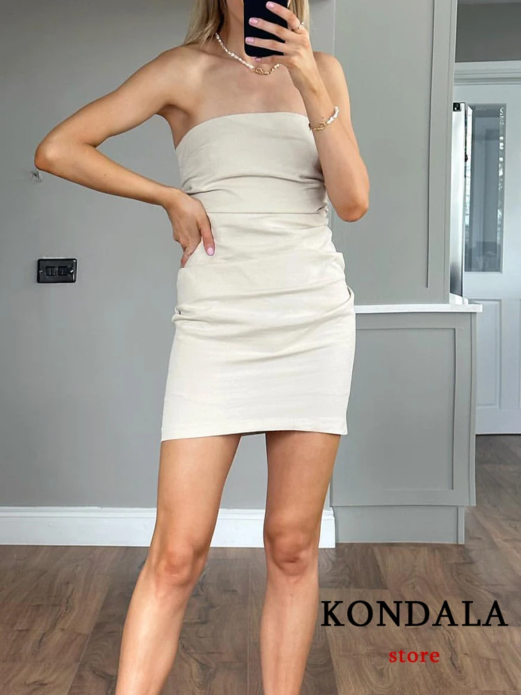 KONDALA Sexy Solid Pleated Tube Mini Dress Women Fashion 2023 Summer Elegant Party Sheath Dress Night Club Mujer Vestidos