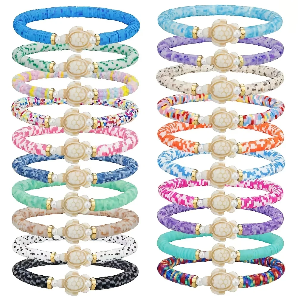 20pcs Boho Chic Handmade Polymer Clay Beaded Stretch Bracelets, Multi-Colored Sea Turtle Stackable Summer Beach Jewelry, Ideal Gift for Men And Women, Turtle Decor, Beach Accessories, Casual Wear, Bohemian Style, Handmade Bracelets, Beaded Jewelry