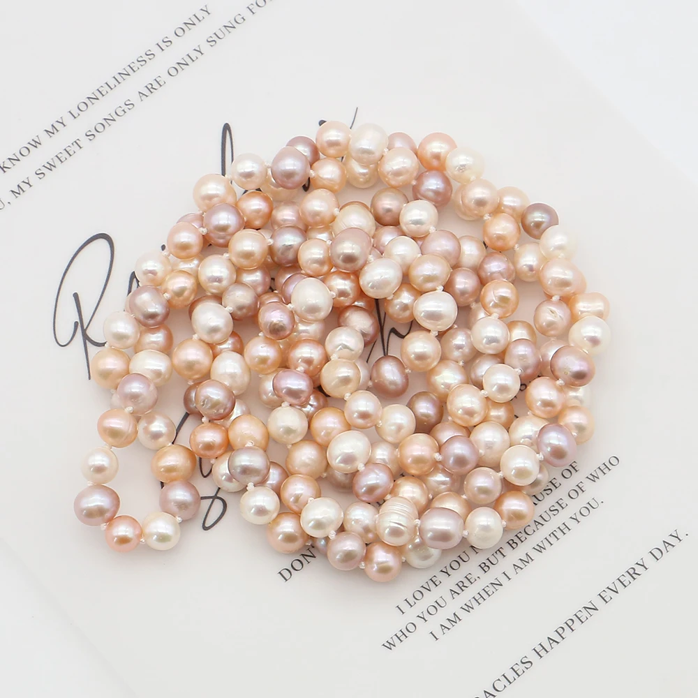 

7-8mm Purple And Gold Natural Freshwater Pearl Necklace 120cm Baroque Style Round Pearl Long Beaded Necklace Bracelet Accessory