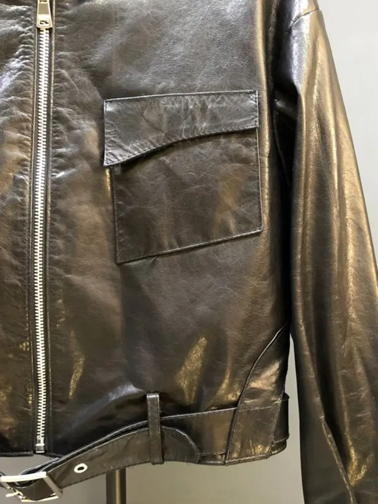 Veste en cuir véritable pour femme, Style rétro, couleur unie, qualité supérieure, ample, en peau de mouton, poche, fermeture éclair, ceintures, manches longues, vêtements d'extérieur