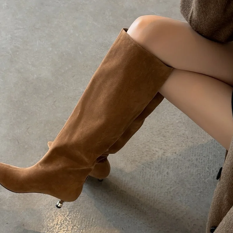 Fashion Retro Minimally Pointed Suede slim High Heels Knight Boots slip-on Knee-high Women's Shoes Pumps Botas De Mujer