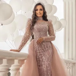 Pink Princess Formal Dress Full Illusion Sleeves High Neck Tulle Tail Beaded Appliques Arabic Evening Dress