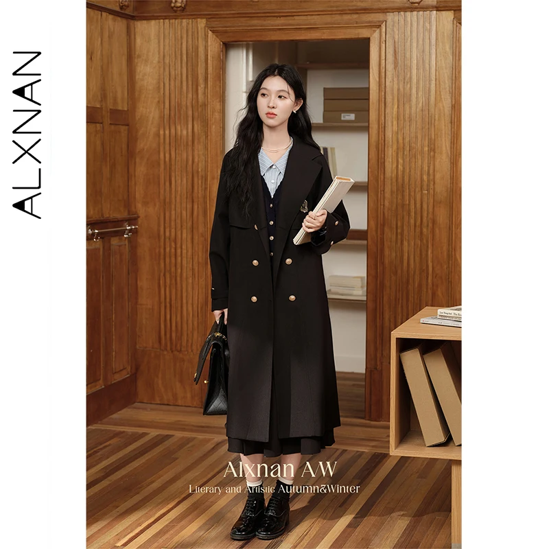 معطف ALXNAN أسود لخريف وشتاء 2025 على طراز الكلية سترة واقية طويلة للنساء موضة جديدة أنيقة معطف مزدوج الصدر L50103