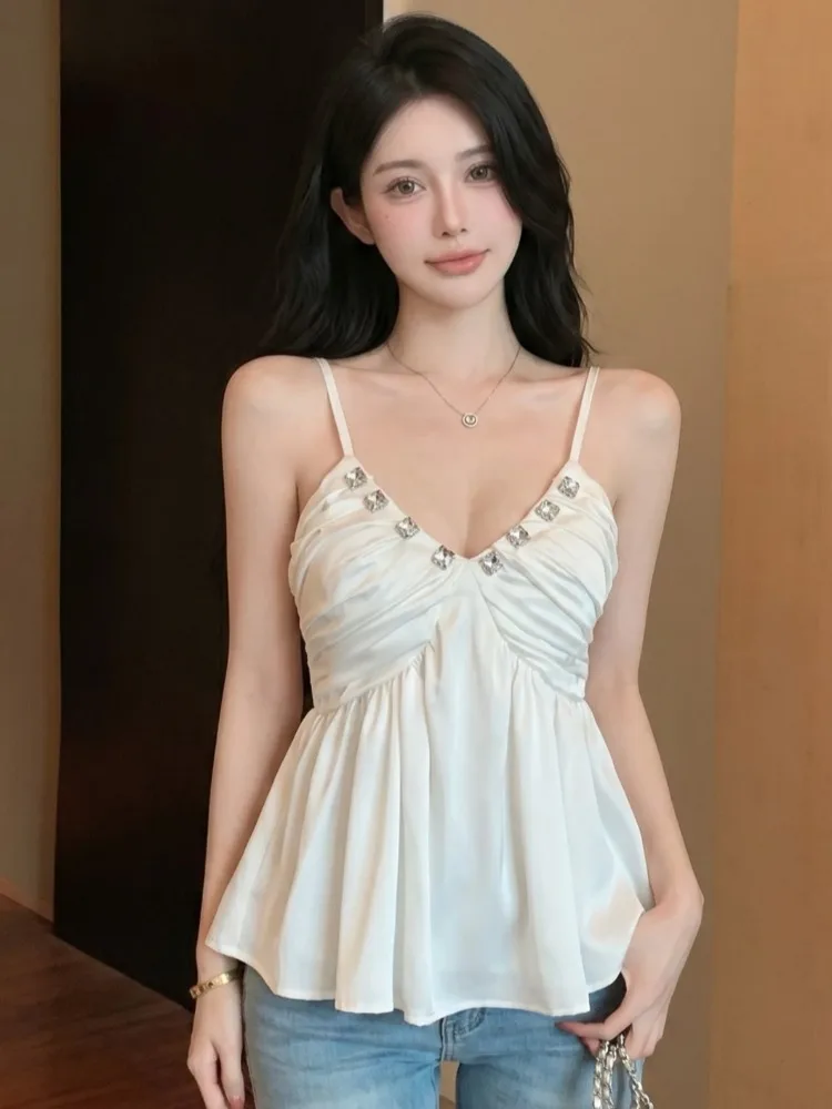 

Elegant Diamond Embellished V-Neck Wrap Waist Tank Top Women's Summer Fashion Korean Style Knitted Vest City Walk Breathable