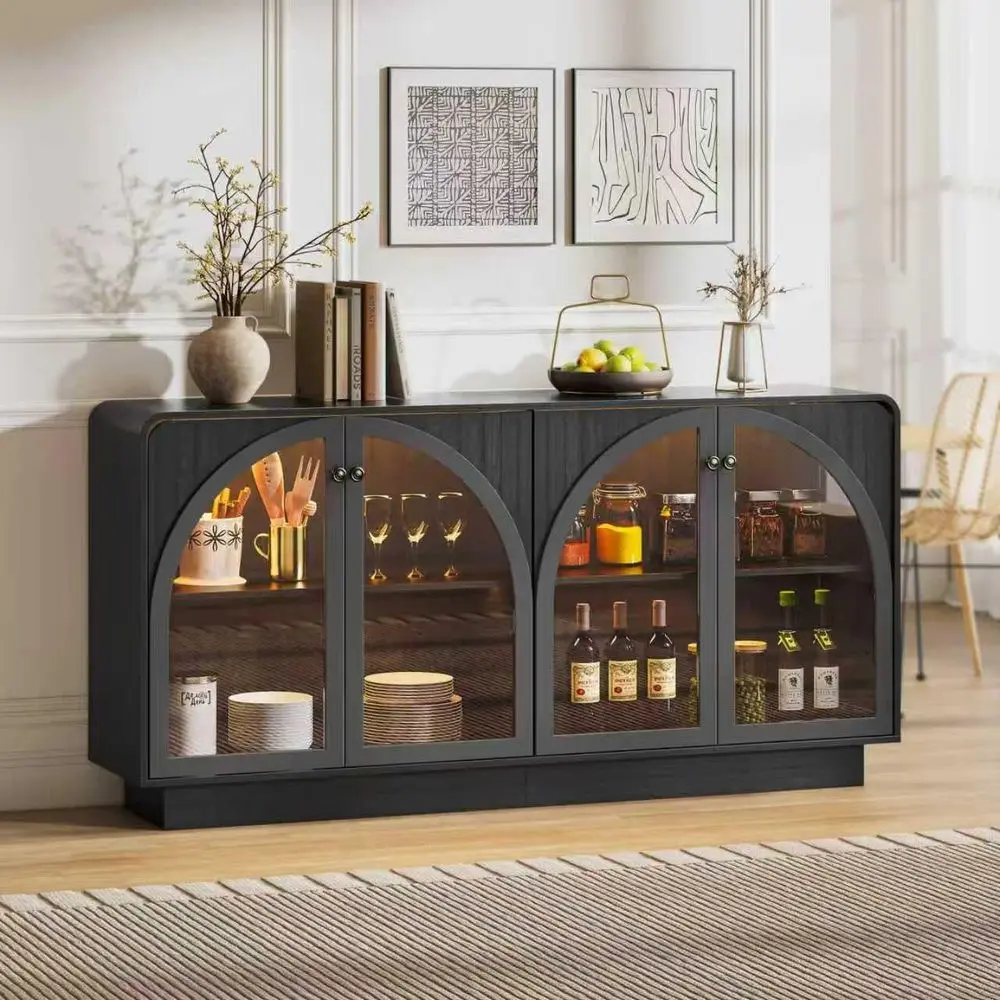 

Buffet Cabinet with Storage Sideboard Accent Modern Credenza with Arched Glass Doors & Shelves, Liquor Coffee Bar Cabinet W/LED