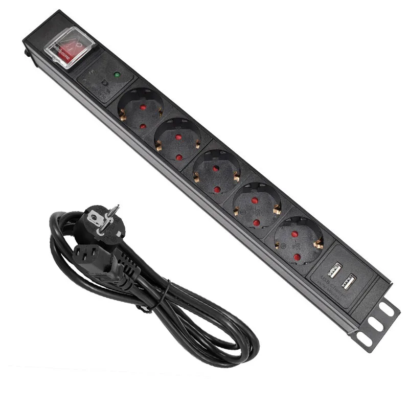 

Aluminum alloy 5 Ways PDU Power Strip EU Power Strip Socket with IEC-C14 Port Outlet extend with 2 USB Lightning protection