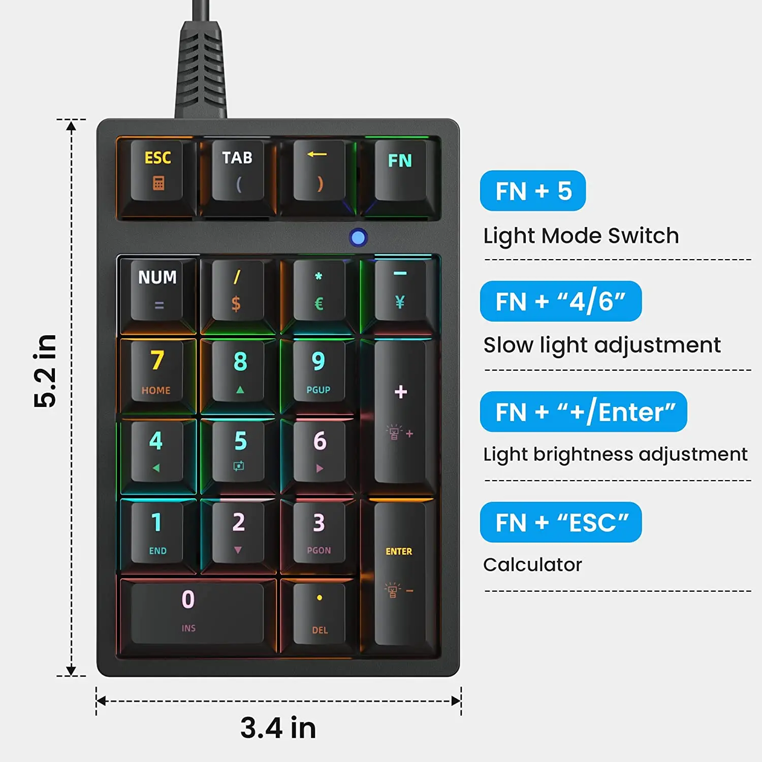 Mechanical USB Wired Numeric Keypad with RGB LED Backlit 21 Key Numpad Mechanical Numeric Keyboard for Laptop Desktop