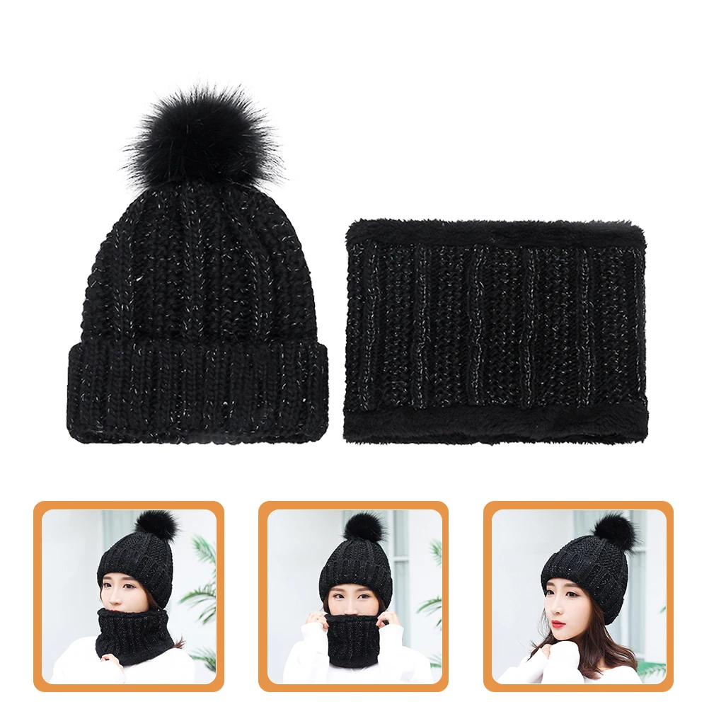 

Thickened Wool Knit Hat Scarf Set Woman Warm Cap Yarn Thicken Winter Outdoor Hiking Riding Fashionable Comfortable Charm