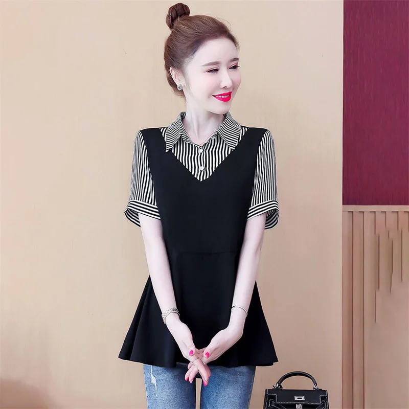 

Spring Autumn Casual Shirt 2024 New Loose Fake Two Pieces Women's Clothes Pullover TOP Fashion Patchwork Stripe Blouse Female