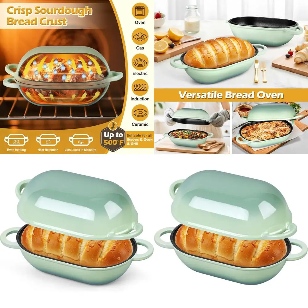 

Oval Enamel Cast Iron Dutch Oven, 2.8-Quart Bread Baking Pot with Lid, Ideal for Sourdough and Roasting, Pistachio Green, Heavy