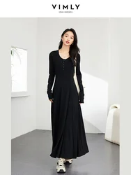 VIMLY Women's Simple Elegant Dress Autumn Semi Open Neck Waisted Pullover Knit Long Dress Casual Office Lady Versatile Dress