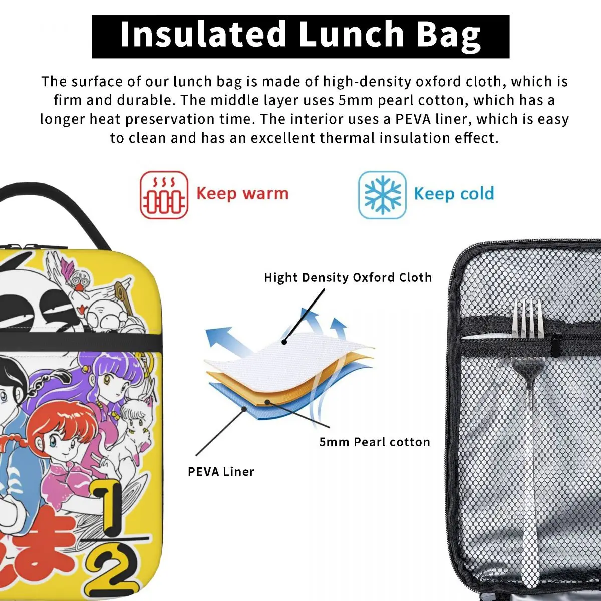 Changing Warrior Insulated Lunch Bags Cooler Bag  Lunch Container Ranma 1/2 Portable Tote Lunch Box for Men Women Beach Picnic