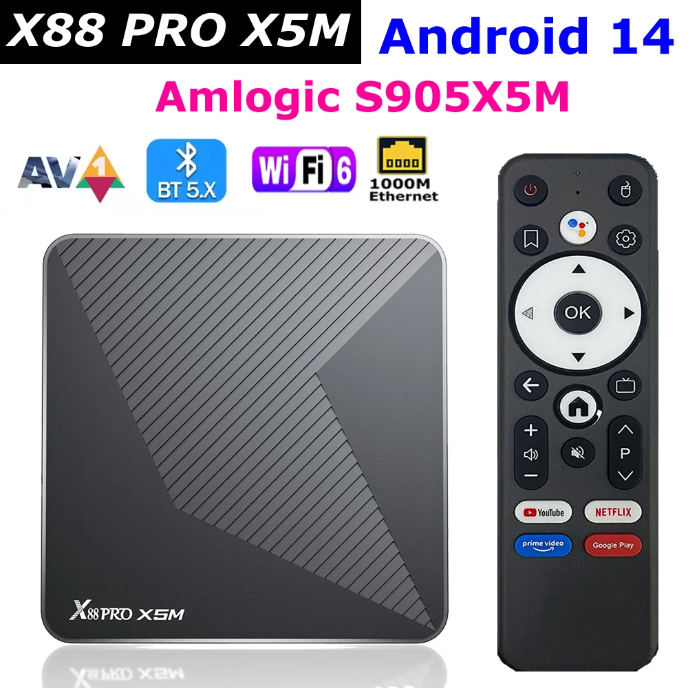 X88 PRO X5M ТВ-приставка Android 14 Amlogic S905X5M 4 ГБ 64 ГБ 1000M LAN Wi-Fi6 4K 2,4G/5G Dual WIFI BT Voice Control Set Top Box X88 PRO X5M ТВ-приставка Android 14 Amlogic S905X5M 4 ГБ 64 ГБ 1000M LAN Wi-Fi6 4K 2,4G/5G Dual WIFI BT Voice Control Set Top Box